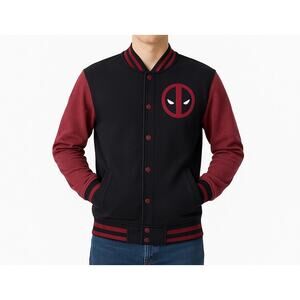 Marvel Deadpool Varsity Men’s Jacket Black Red Snap-Front Size M/L